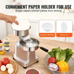 Pressar-Kommersiell hamburgerbiffmaskin 150 mm, kraftig rostfri skål, köksmaskin för köttformning med 1000 pattypapper.
