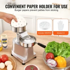 Pressar-Kommersiell hamburgerbiffmaskin 130 mm, kraftig rostfri skål, hamburgerpress för köttformning med 1000 pattypapper.