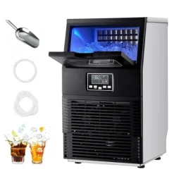 Kommersiell ismaskin - Fristående isbitsmaskin - 36 kg/24 h - 5,4 kg isförvaring - 32 isbitar/cykel - LED-display - Självrengöring - Rostfritt stål