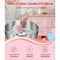 Kommersiell Sockervaddsmaskin med Vagn, 1000W Modell, Rödfärgad, Hög Effektivitet