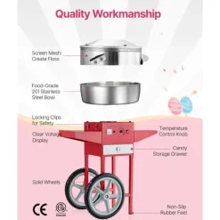 Kommersiell Sockervaddsmaskin med Vagn, 1000W Modell, Rödfärgad, Hög Effektivitet