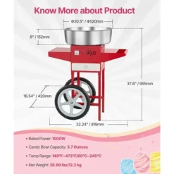Kommersiell Sockervaddsmaskin med Vagn, 1000W Modell, Rödfärgad, Hög Effektivitet