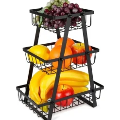 Korg för frukt och grönsaker, svart, metall, 3-vånings, VILDE 229111