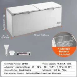 Frysar-Kystfrys 19,8 ku.ft / 561 L stor djupfrys med 4 avtagbara korgar, energieffektiv, tyst drift