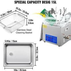 Ultraljudstvätt-15L 60A Ultraschallsrengörare med värme 360W i rostfritt stål för glasögon, smycken, tandproteser, mynt osv. (15L)