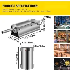 Jerkyspruta-3L Chorizo-vullare av rostfritt stål, horisontell, manuell korvfyllare, Chorizo-hotdogs, grillkorv, lämplig för både hushåll och kommersiell