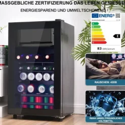 Kylskåp-76L Mini-Kylskåp, 6L frys + 70L kyl, LED-ljus, För 51 burkar, Tyst drift, Kompressor, Justerbara hyllor