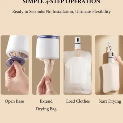 Torktumlare-Lollanda Portabel torktumlare – 360° varmluftstork med torkpåse, tyst drift, timer 30–240 minuter, perfekt för resa