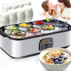 Lollanda Yoghurtmaskin Yoghurtmaskin med Temperaturinställning, Termostat & 48 Timmars Timer, 8 Glas À 180 Ml Vardera för Hem
