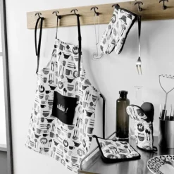 Grytlappar & Grillvantar-Manik 19x19 cm - Tryckt köksredskap - Vit