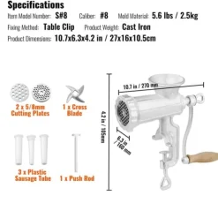 Matkvarnar-Manuell köttkvarn i gjutjärn, kraftfull med stålklämma, 1 skärblad, 2 plattor, 3 korvrör för nötfärs.