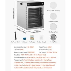 Matdehydrator, 12 brickor, 35,5x47,3x49,5 cm, rostfritt stål