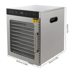 Torkugnar-Matdehydrator, 800W, 36L kapacitet, 10 brickor, temperaturintervall 30-90 °C, dimensioner 34,5 cm x 35 cm x 43 cm