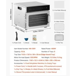 Mattorkarmaskin 6 Brickor, Rostfritt Stål 400W, Jerky Frukttorkning, Hög Effektivitet