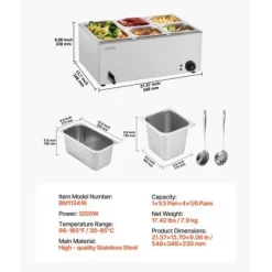 Matuppvärmare-Matvärmare, 5-fack elektriskt ångbord, 54x36x25 cm, rostfritt stål