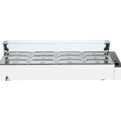 Matuppvärmare-Matvärmare, 12-facks elektriskt ångbord med glastäcke, 144,1x61x38,2 cm, silver, rostfritt stål