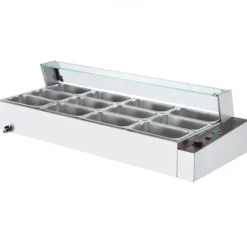 Matuppvärmare-Matvärmare, 12-facks elektriskt ångbord med glastäcke, 144,1x61x38,2 cm, silver, rostfritt stål