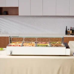 Matuppvärmare-Matvärmare, 12-facks elektriskt ångbord med glastäcke, 144,1x61x38,2 cm, silver, rostfritt stål