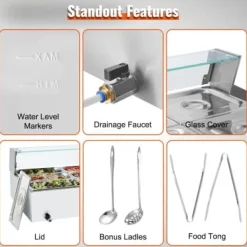 Matuppvärmare-Matvärmare, 12-facks elektriskt ångbord med glastäcke, 144,1x61x38,2 cm, silver, rostfritt stål