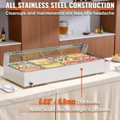 Matuppvärmare-Matvärmare, 12-facks elektriskt ångbord med glastäcke, 144,1x61x38,2 cm, silver, rostfritt stål