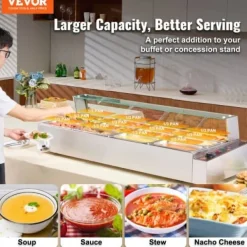 Matuppvärmare-Matvärmare, 12-facks elektriskt ångbord med glastäcke, 144,1x61x38,2 cm, silver, rostfritt stål