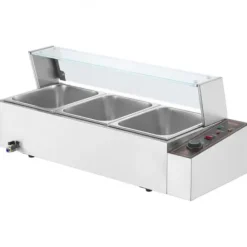 Matuppvärmare-Matvärmare, 3-facks elektriskt ångbord med glaslock, 93x40,6x38,2 cm, Silver, Rostfritt stål