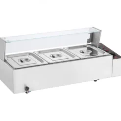 Matuppvärmare-Matvärmare, 3-facks elektriskt ångbord med glaslock, 93x40,6x38,2 cm, Silver, Rostfritt stål