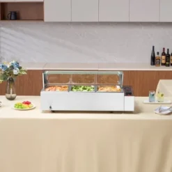 Matuppvärmare-Matvärmare, 3-facks elektriskt ångbord med glaslock, 93x40,6x38,2 cm, Silver, Rostfritt stål