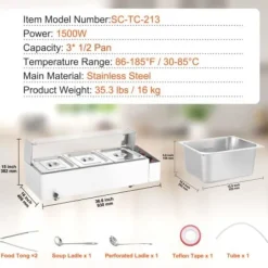 Matuppvärmare-Matvärmare, 3-facks elektriskt ångbord med glaslock, 93x40,6x38,2 cm, Silver, Rostfritt stål