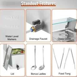 Matuppvärmare-Matvärmare, 3-facks elektriskt ångbord med glaslock, 93x40,6x38,2 cm, Silver, Rostfritt stål