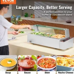 Matuppvärmare-Matvärmare, 3-facks elektriskt ångbord med glaslock, 93x40,6x38,2 cm, Silver, Rostfritt stål
