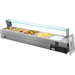 Matuppvärmare-Matvärmare, 5-facks elektriskt ångbord med glaslock, 146,4x37,8x38,1 cm, rostfritt stål