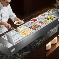 Matuppvärmare-Matvärmare, 5-facks elektriskt ångbord med glaslock, 146,4x37,8x38,1 cm, rostfritt stål