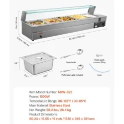 Matuppvärmare-Matvärmare, 5-facks elektriskt ångbord med glaslock, 146,4x37,8x38,1 cm, rostfritt stål