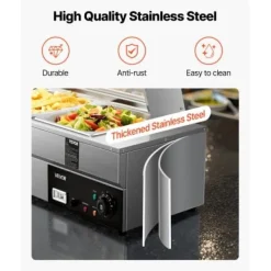 Matuppvärmare-Matvärmare, 5-facks elektriskt ångbord med glaslock, 146,4x37,8x38,1 cm, rostfritt stål