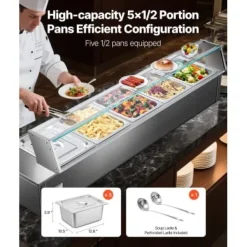 Matuppvärmare-Matvärmare, 5-facks elektriskt ångbord med glaslock, 146,4x37,8x38,1 cm, rostfritt stål