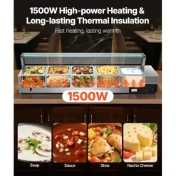 Matuppvärmare-Matvärmare, 5-facks elektriskt ångbord med glaslock, 146,4x37,8x38,1 cm, rostfritt stål