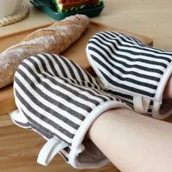 Mikrovågsugnsvantar Värmebeständiga randiga mönster Tjocka bomullsugnsvantar med snöre Kaffe