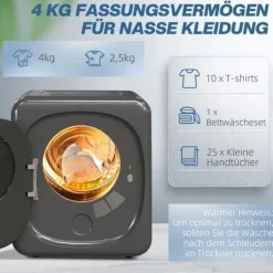 Mini torktumlare 2.5 kg med 6 program, LED-pekskärm, 800W, fristående eller väggmonterad, överhettningsskydd, grå