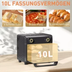 Miniugn med varmluft 10L, Airfryer, Timer, Invändig belysning, Svart/Guld, Rostfritt stål