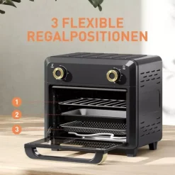 Miniugn med varmluft 10L, Airfryer, Timer, Invändig belysning, Svart/Guld, Rostfritt stål