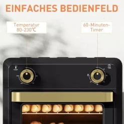 Miniugn med varmluft 10L, Airfryer, Timer, Invändig belysning, Svart/Guld, Rostfritt stål