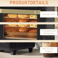 Miniugn med varmluft 10L, Airfryer, Timer, Invändig belysning, Svart/Guld, Rostfritt stål