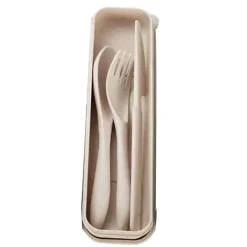 Matbestick-Modernt vetehalm bestickset med låda - Bärbar gaffel, sked och kniv för kontor, skola, picknick - Beige