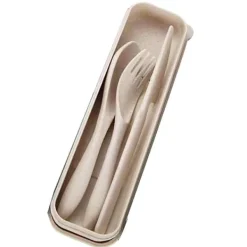 Matbestick-Modernt vetehalm bestickset med låda - Bärbar gaffel, sked och kniv för kontor, skola, picknick - Beige