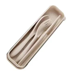 Matbestick-Modernt vetehalm bestickset med låda - Bärbar gaffel, sked och kniv för kontor, skola, picknick - Beige