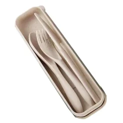 Matbestick-Modernt vetehalm bestickset med låda - Bärbar gaffel, sked och kniv för kontor, skola, picknick - Beige