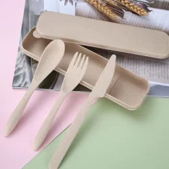 Matbestick-Modernt vetehalm bestickset med låda - Bärbar gaffel, sked och kniv för kontor, skola, picknick - Beige
