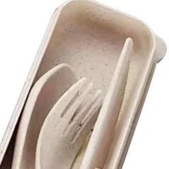 Matbestick-Modernt vetehalm bestickset med låda - Bärbar gaffel, sked och kniv för kontor, skola, picknick - Beige