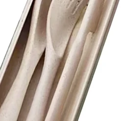 Matbestick-Modernt vetehalm bestickset med låda - Bärbar gaffel, sked och kniv för kontor, skola, picknick - Beige